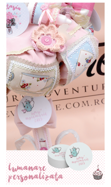 Lumanare de botez shabby chic pentru fetite, 65x4cm, Ceai cu jucarii 8